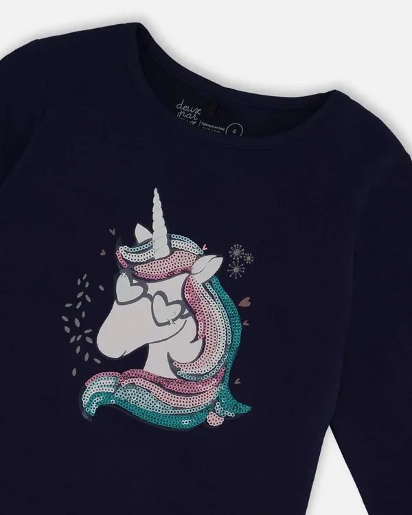 Deux Par Deux Jersey Long Sleeve T-Shirt - Peacoat Navy Unicorn