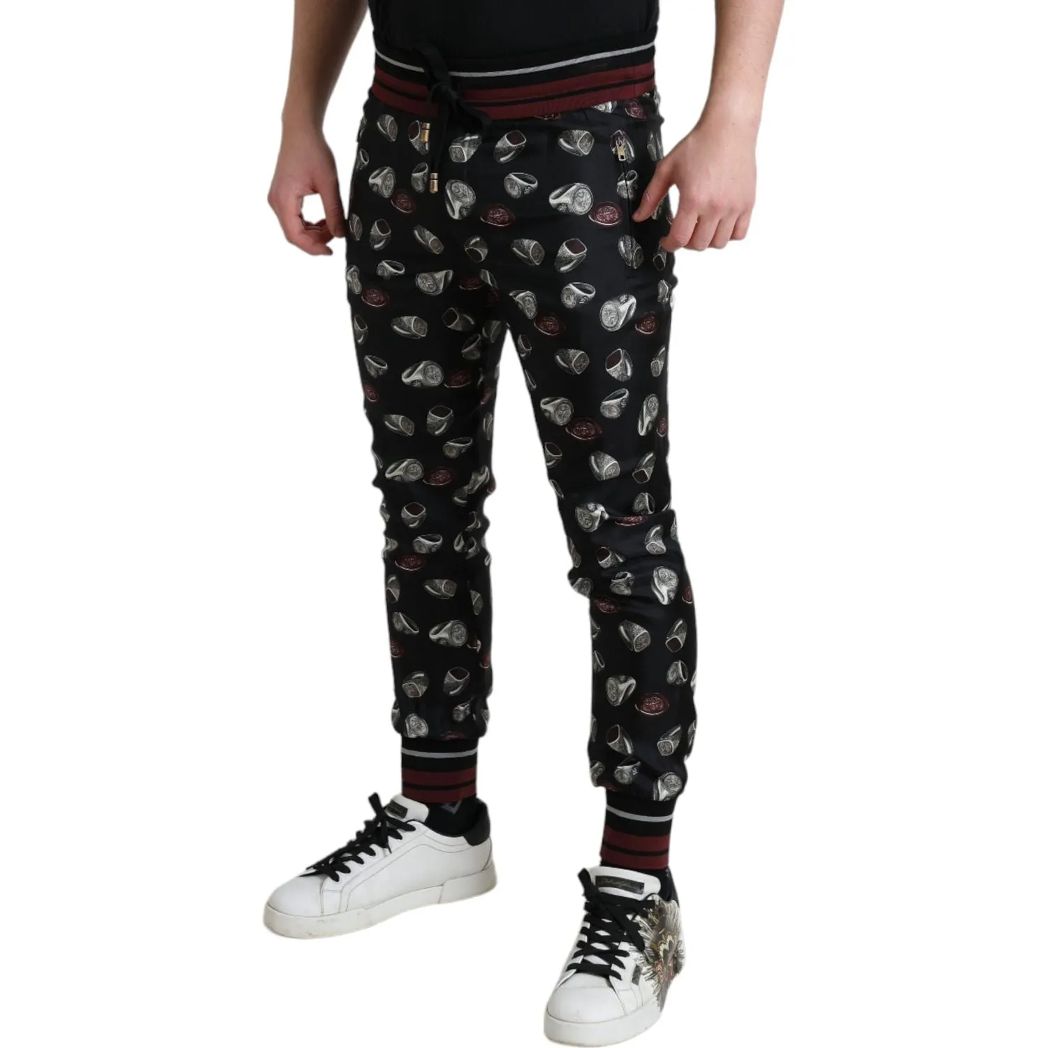 Dolce & Gabbana Elegant Silk Jogging Trousers with Ring Print