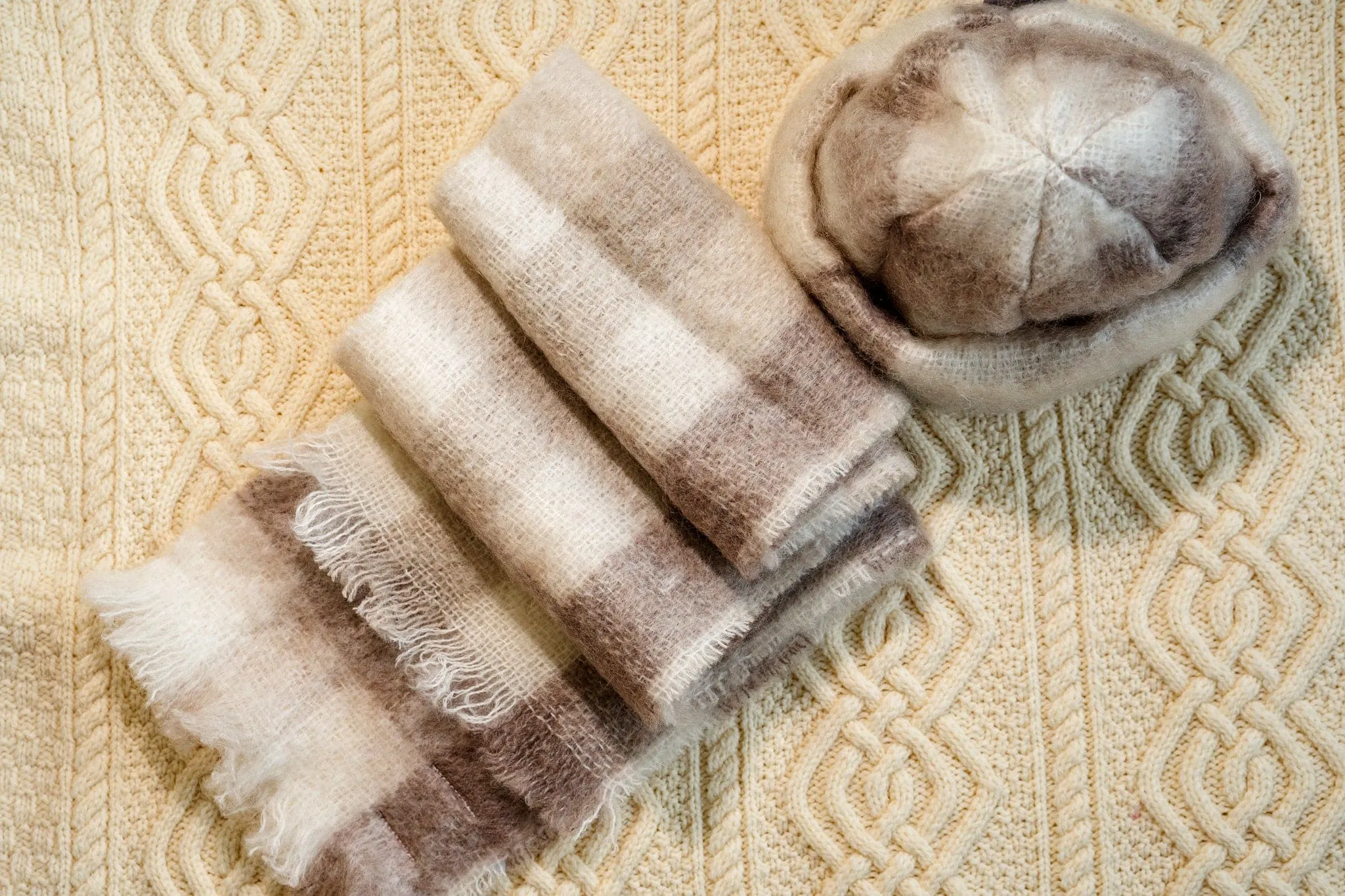 Donegal Design Mohair Hat and Scarf Set - Cream and Fawn