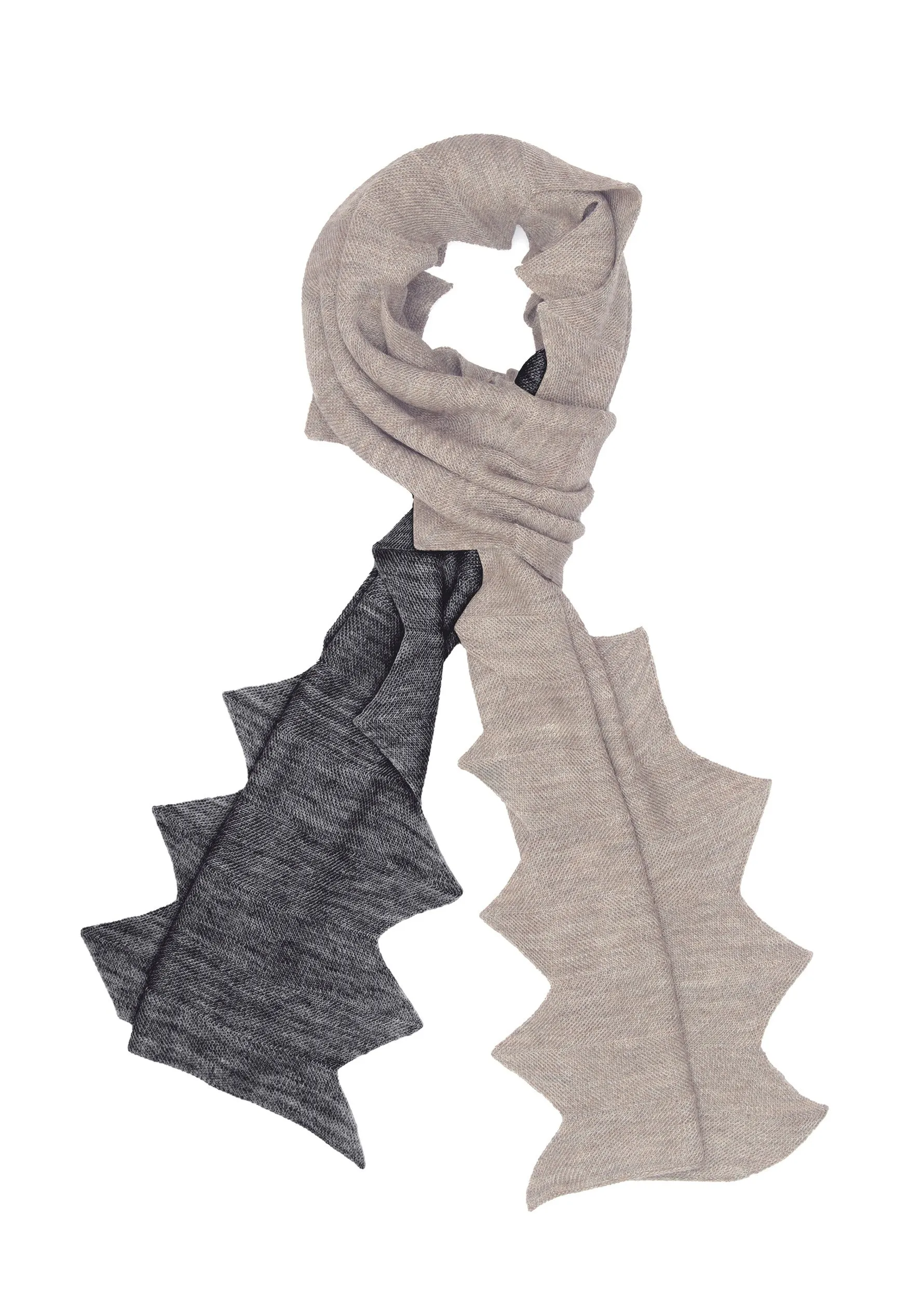 Dual Color Dk. Grey and Lt. Grey Melange Knitted Fine Wool Zig Zag Scarf