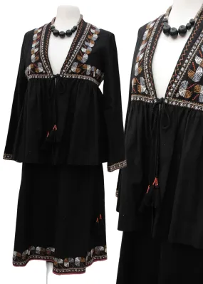 EAST Artisan Bohemian Folk Black Embroidered Cotton Skirt and Jacket