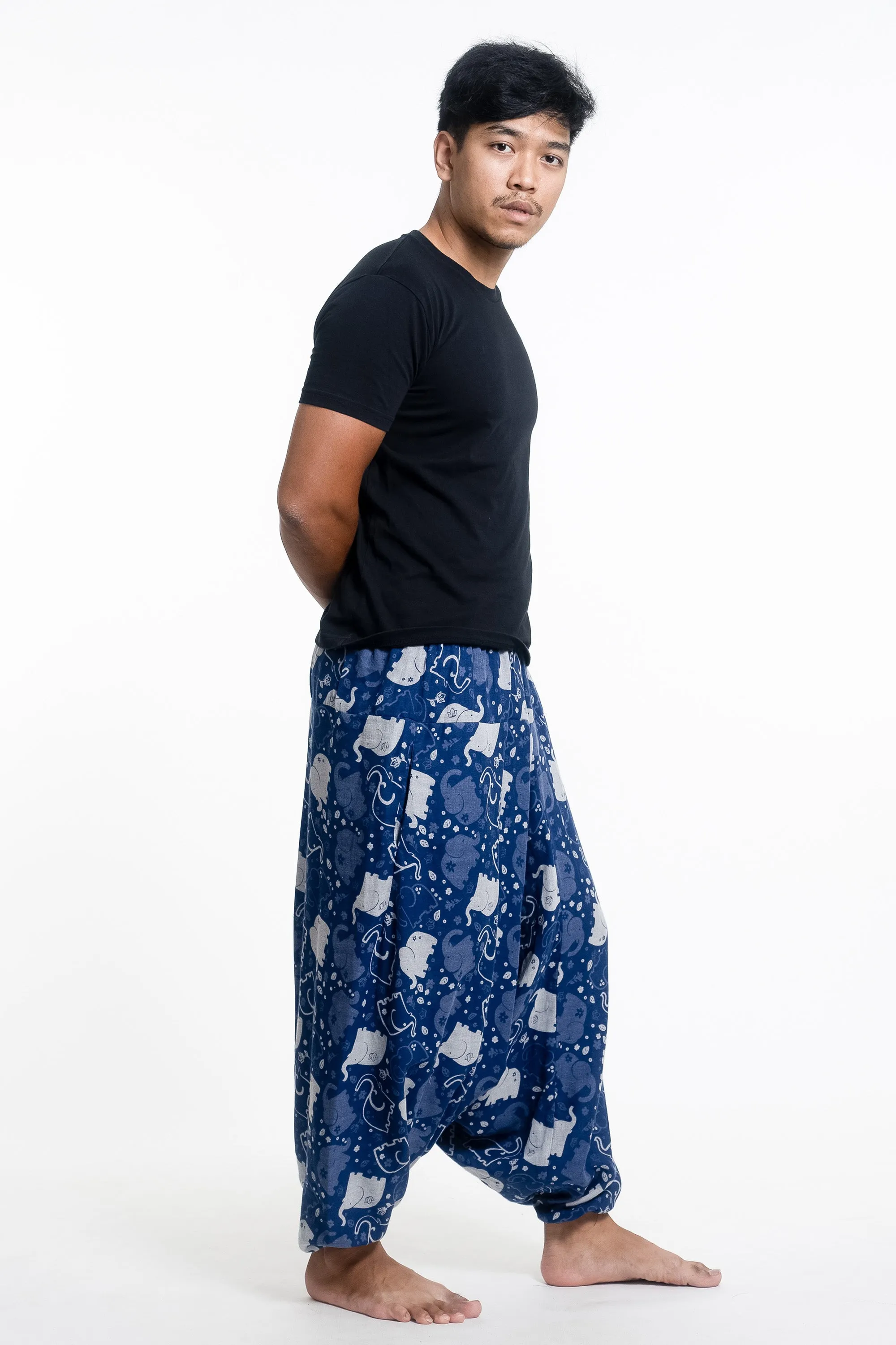 Elephant Prints Men's Low Cut Cotton Harem Pants in Indigo