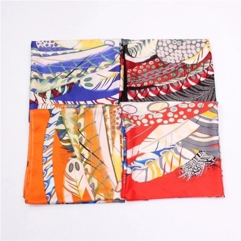 European Twill Silk Square Scarf Color Feather Printing Female Headscarf Shawl Scarf