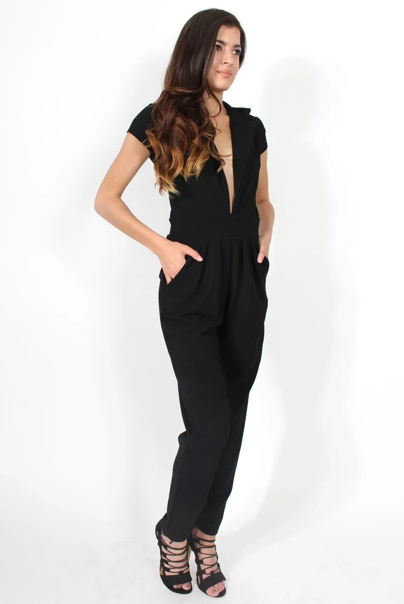 Farrah Black Deep V Jumpsuit