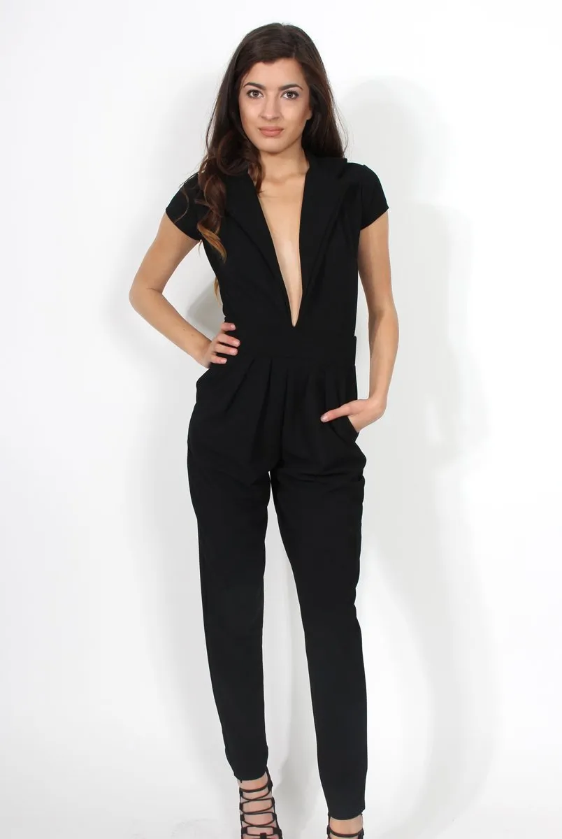 Farrah Black Deep V Jumpsuit