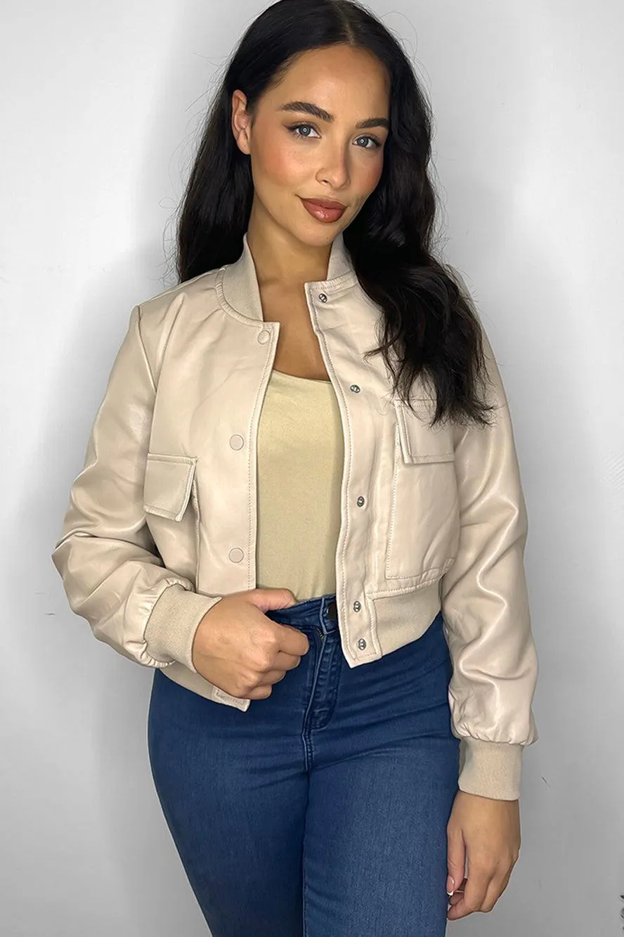 Faux Leather Cropped Bomber Jacket