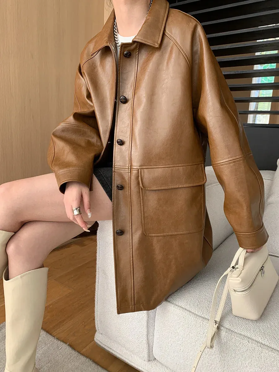 Flytonn-Fall Outfits Women PU Leather Trench Coat Dual Pocket Brown Black Medium Long Leather Jacket 2024  Autumn