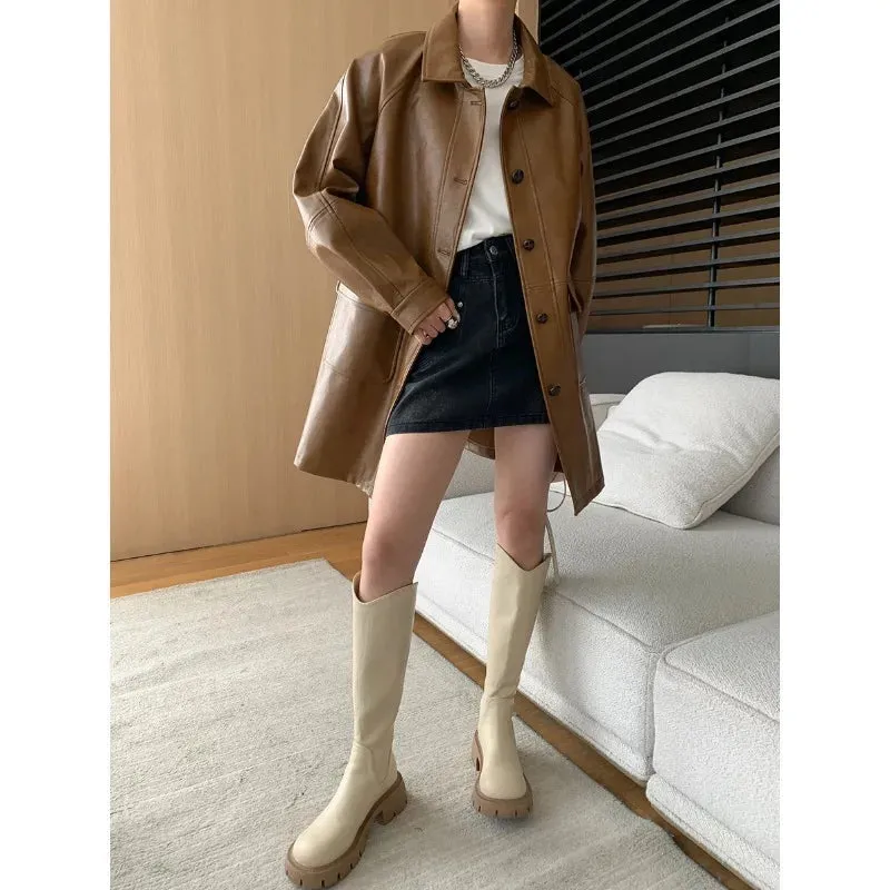 Flytonn-Fall Outfits Women PU Leather Trench Coat Dual Pocket Brown Black Medium Long Leather Jacket 2024  Autumn