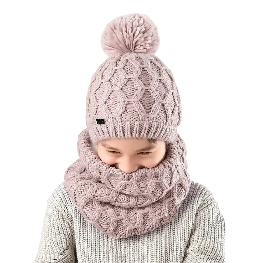 FURTALK Kids Winter Yarn Pom Pom Hat Scarf Set Diamond Pattern Drop Shipping SFFW032