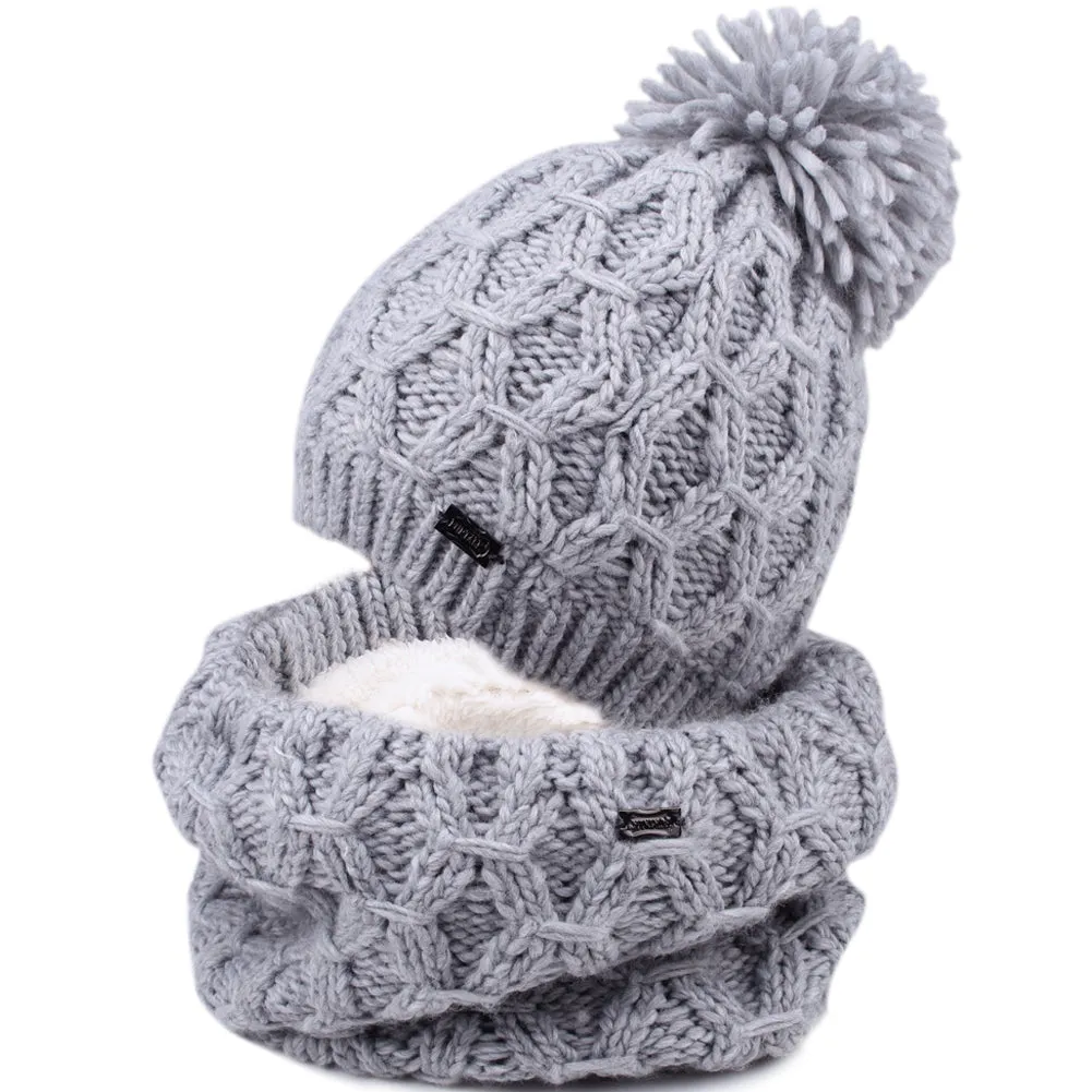 FURTALK Kids Winter Yarn Pom Pom Hat Scarf Set Diamond Pattern Drop Shipping SFFW032