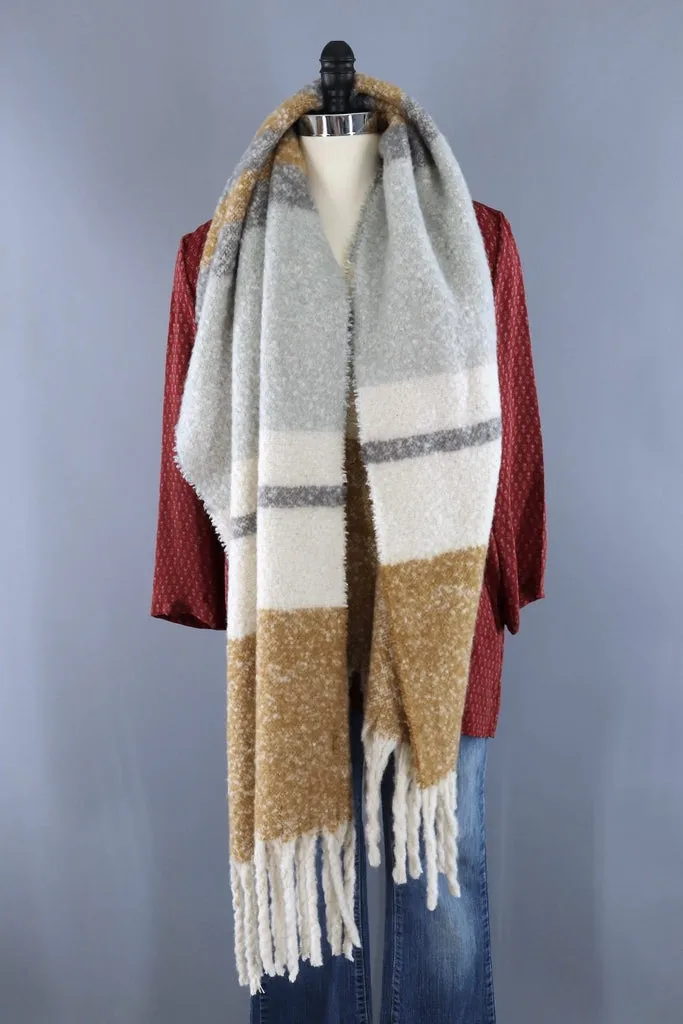 Fuzzy Scarf Shawl / Camel Tan & Grey Stripes