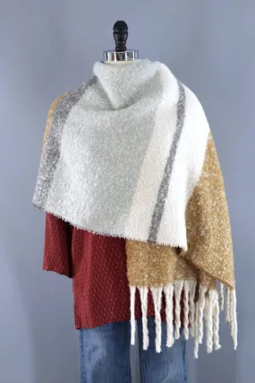 Fuzzy Scarf Shawl / Camel Tan & Grey Stripes