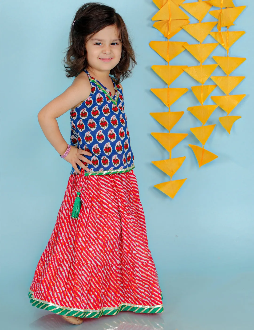 Girl's Blue-Red Color Fusion Wear Top With Long Skirt Set - KID1 Girls