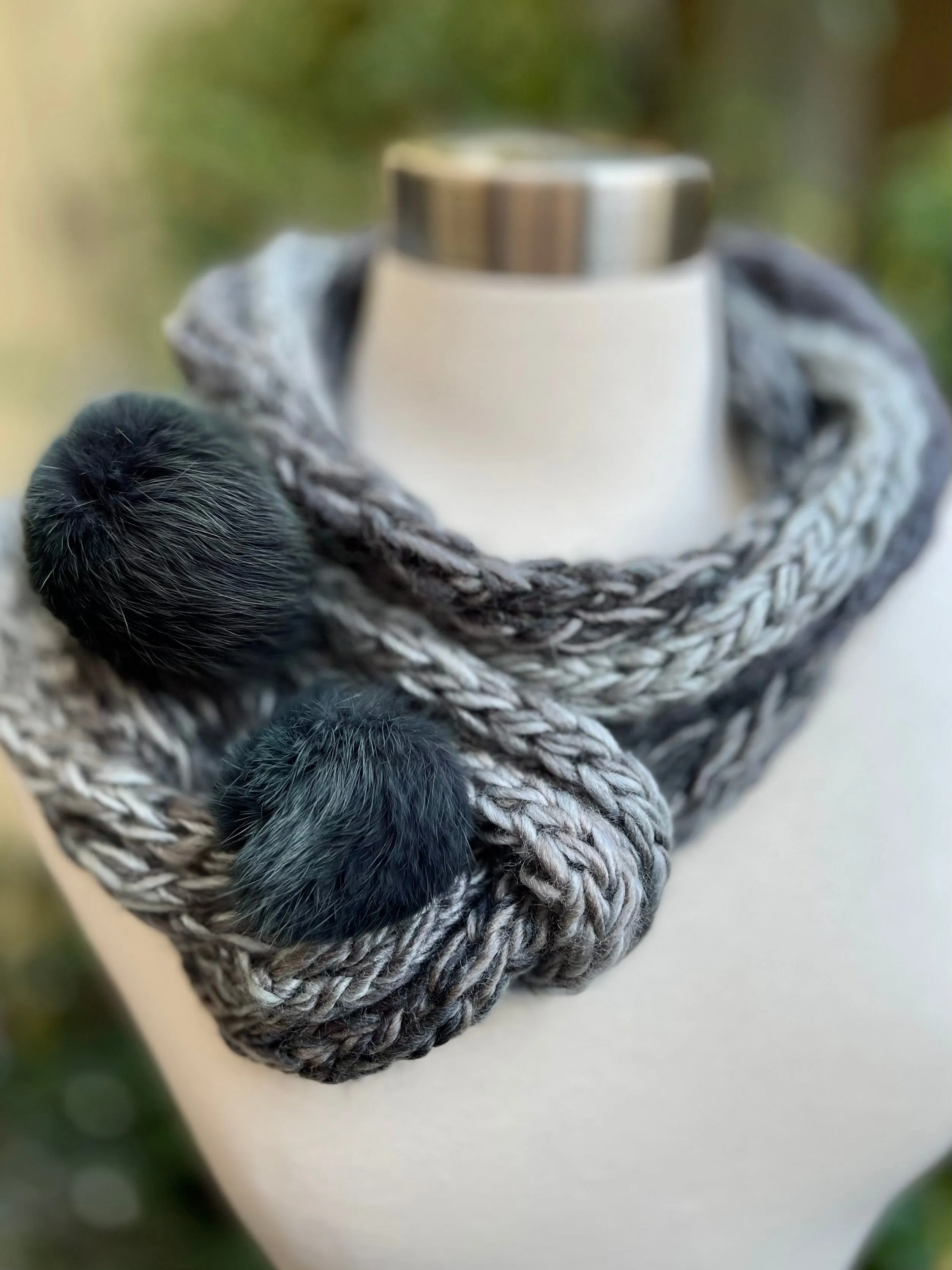 Gray Handmade Knitted Lariat Scarf with Mittens , Knit Handmade Scarf with Pom-Pom