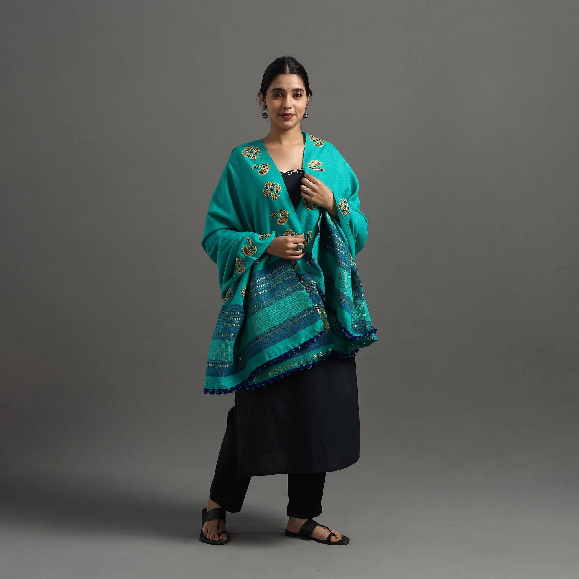 Green - Kutch Ahir Hand Embroidery Woollen Shawl 29