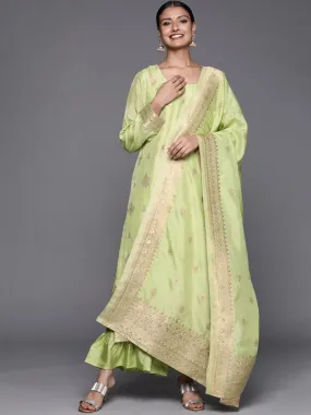 Green Self Design Chanderi Silk Straight Kurta With Palazzos & Dupatta