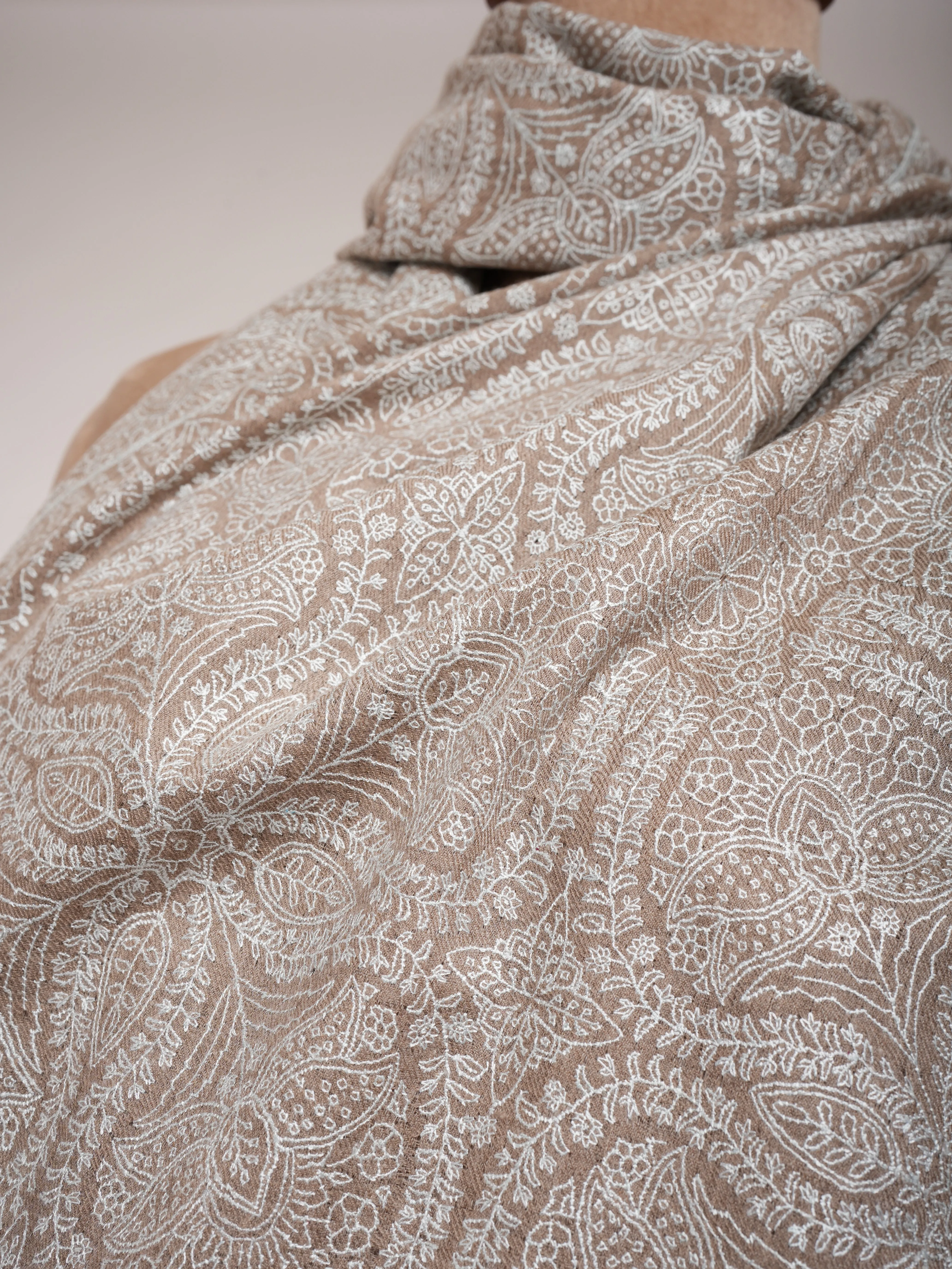 Grey Hand Embroidered Jamavar Pure Cashmere  Scarf