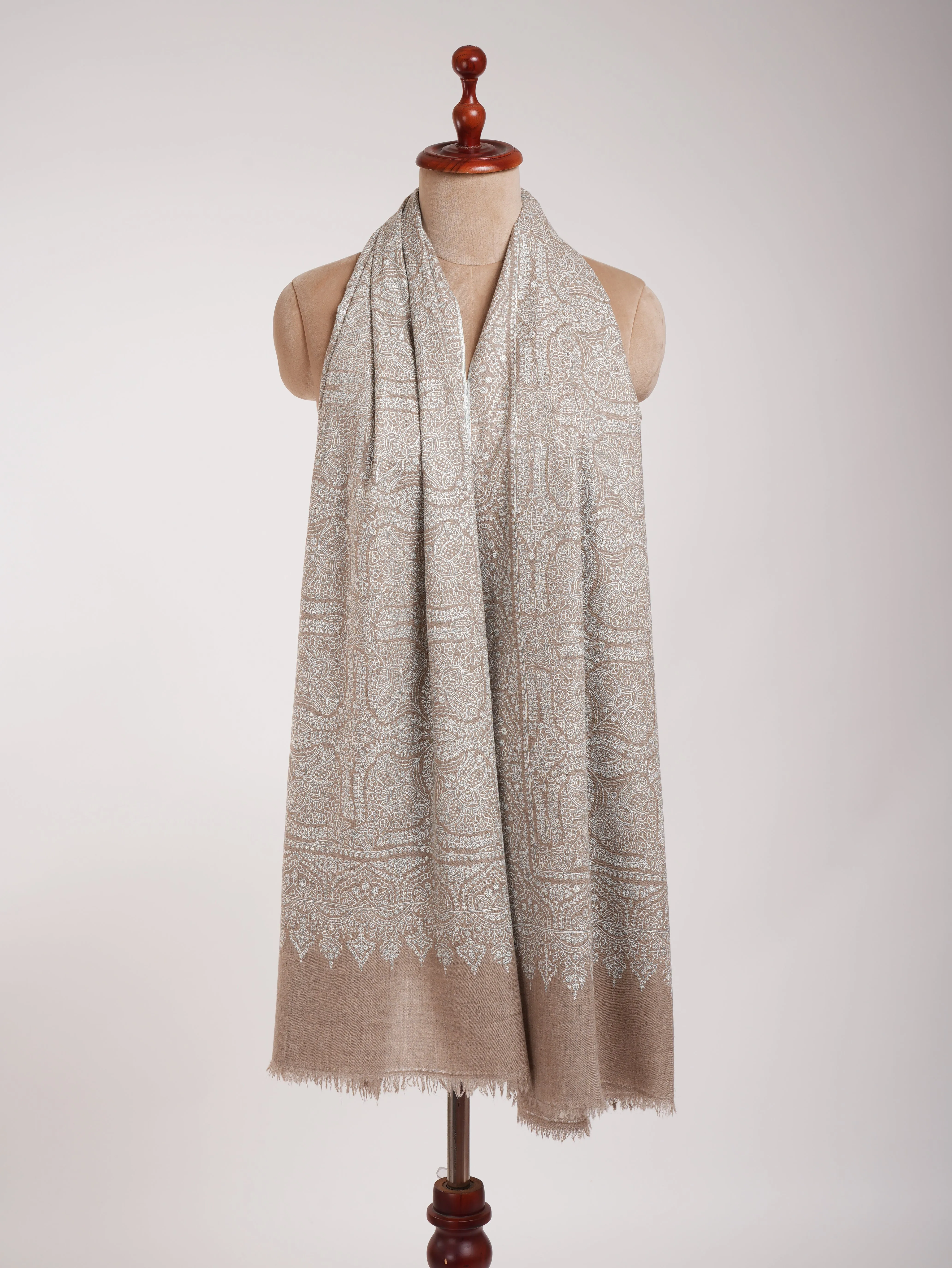 Grey Hand Embroidered Jamavar Pure Cashmere  Scarf