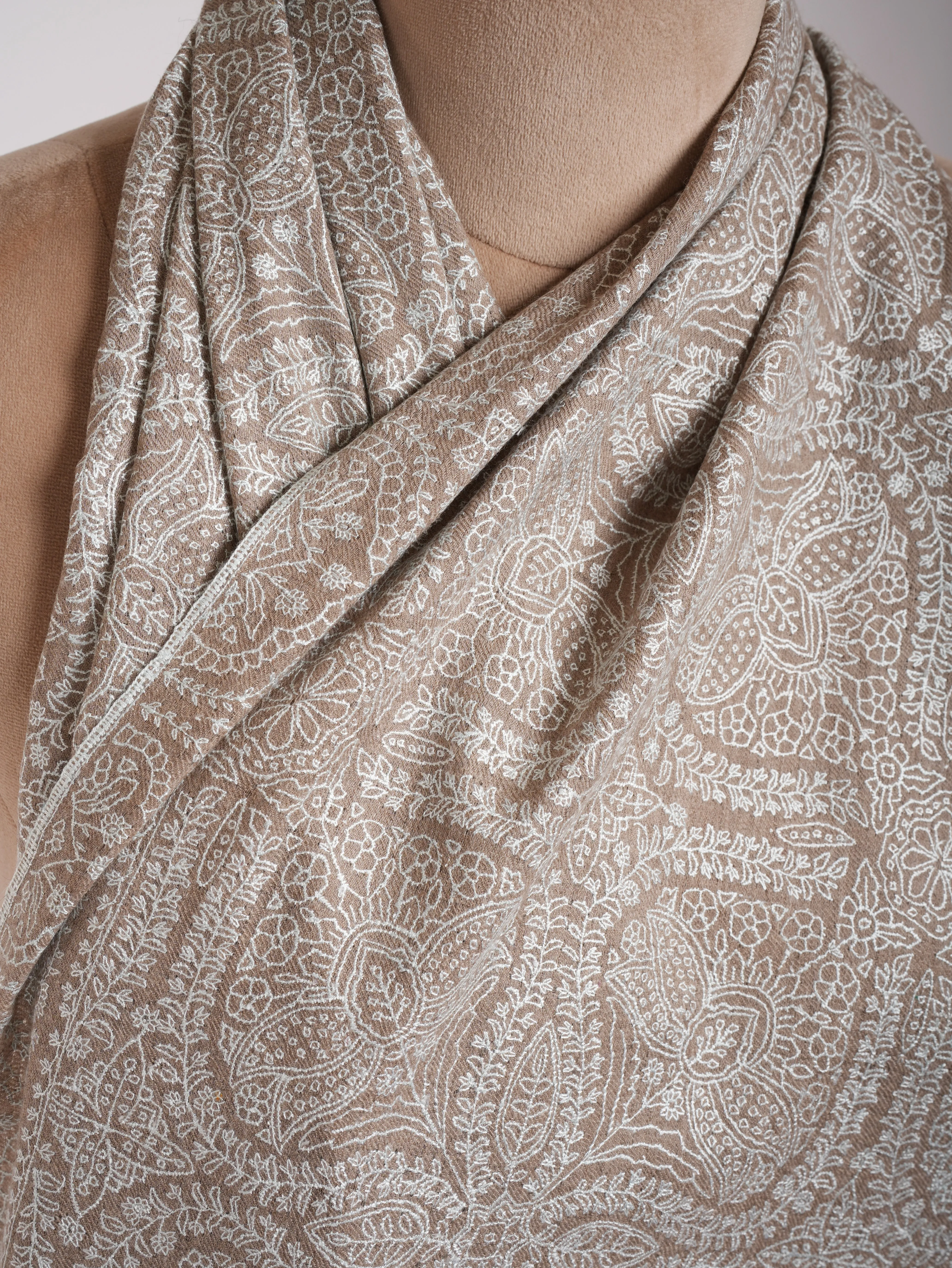 Grey Hand Embroidered Jamavar Pure Cashmere  Scarf