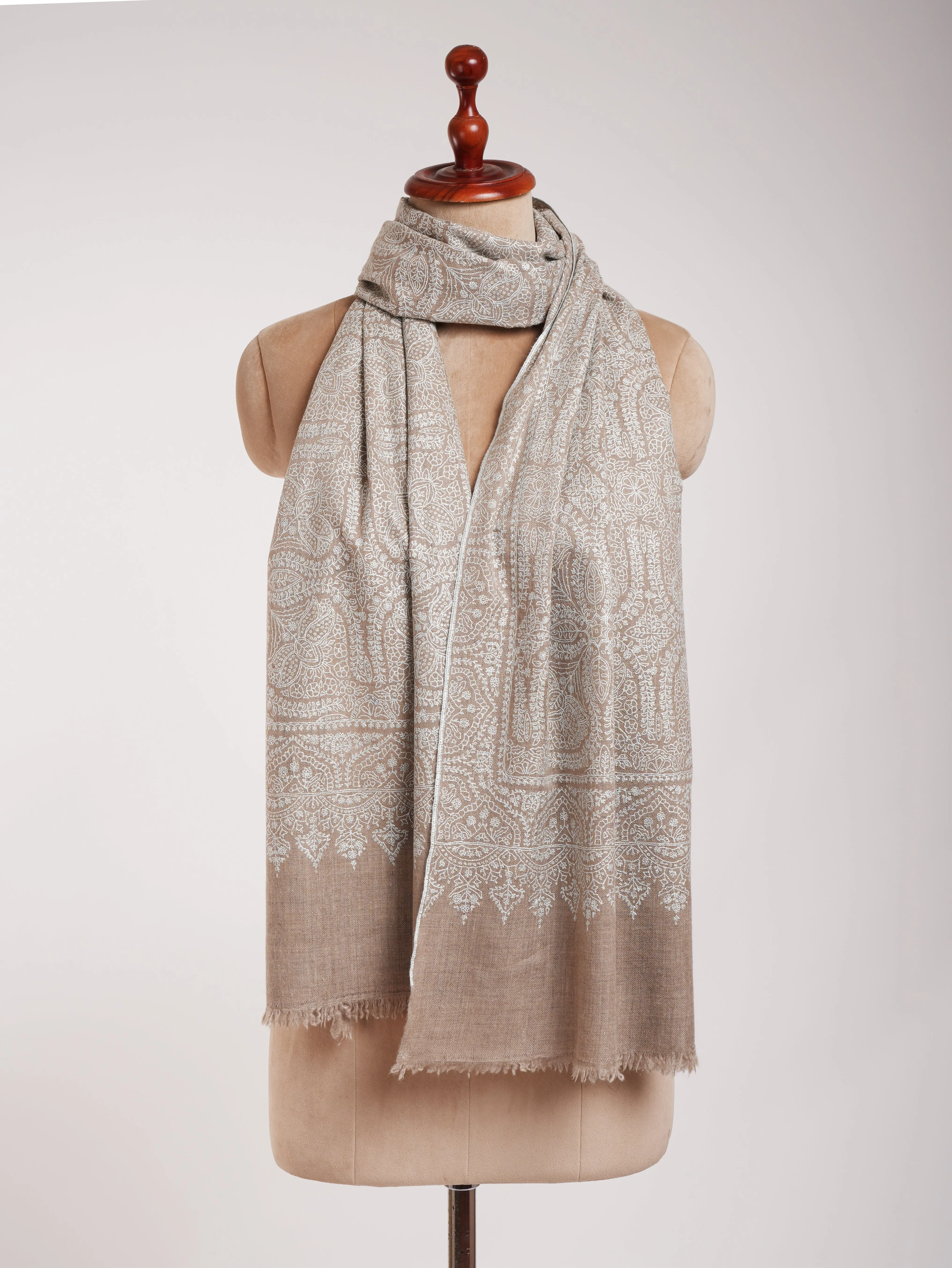 Grey Hand Embroidered Jamavar Pure Cashmere  Scarf