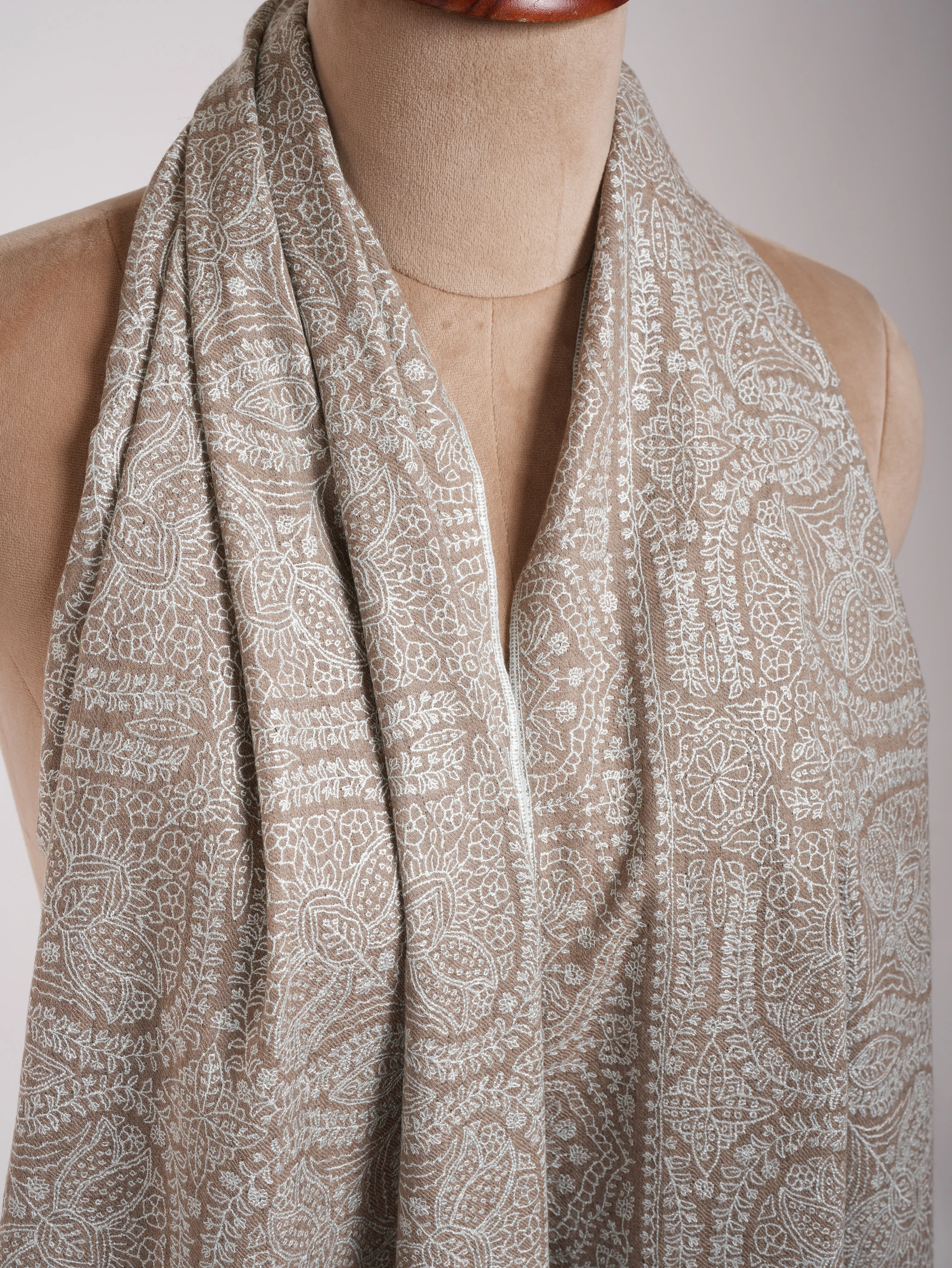 Grey Hand Embroidered Jamavar Pure Cashmere  Scarf