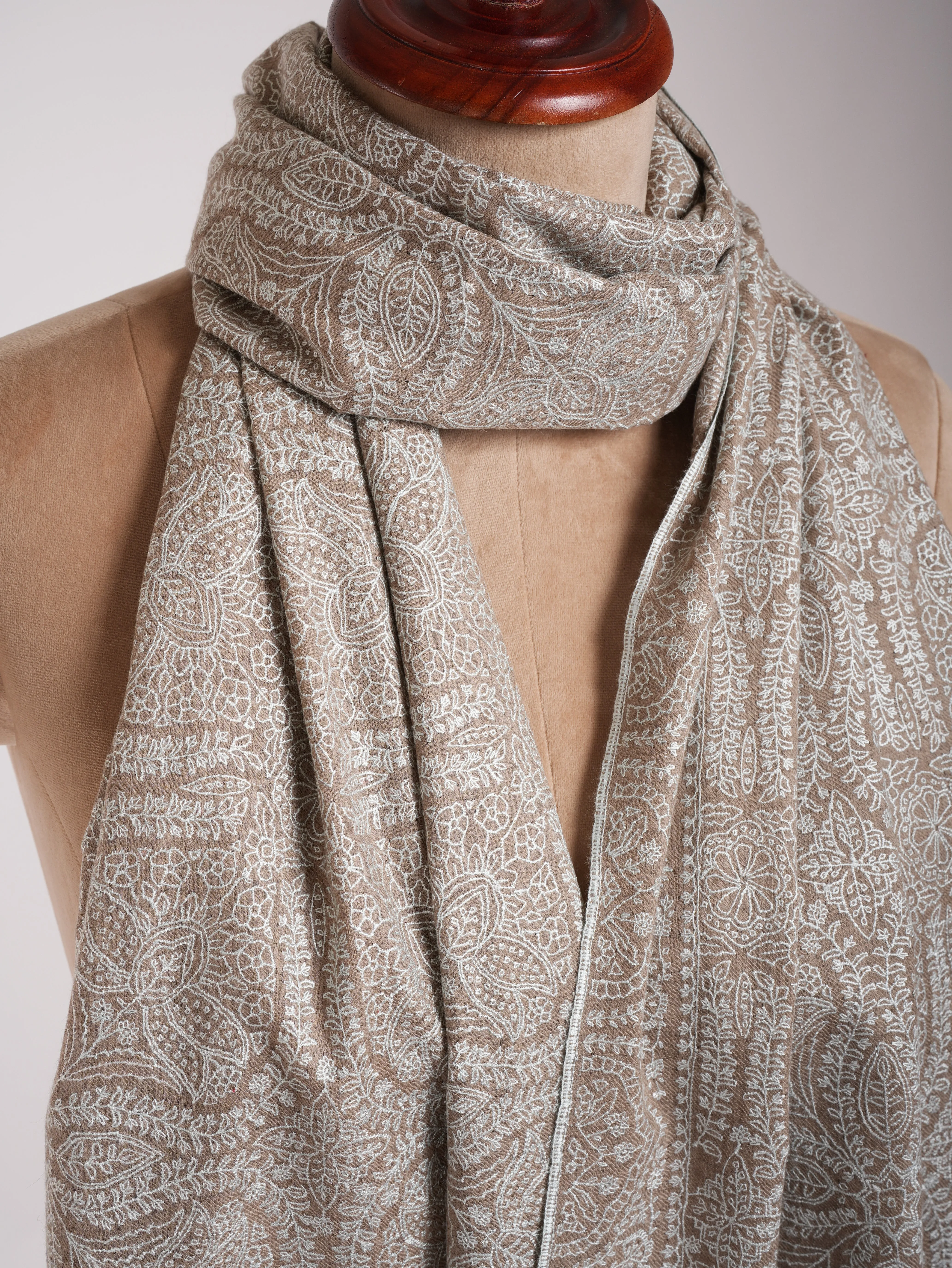 Grey Hand Embroidered Jamavar Pure Cashmere  Scarf