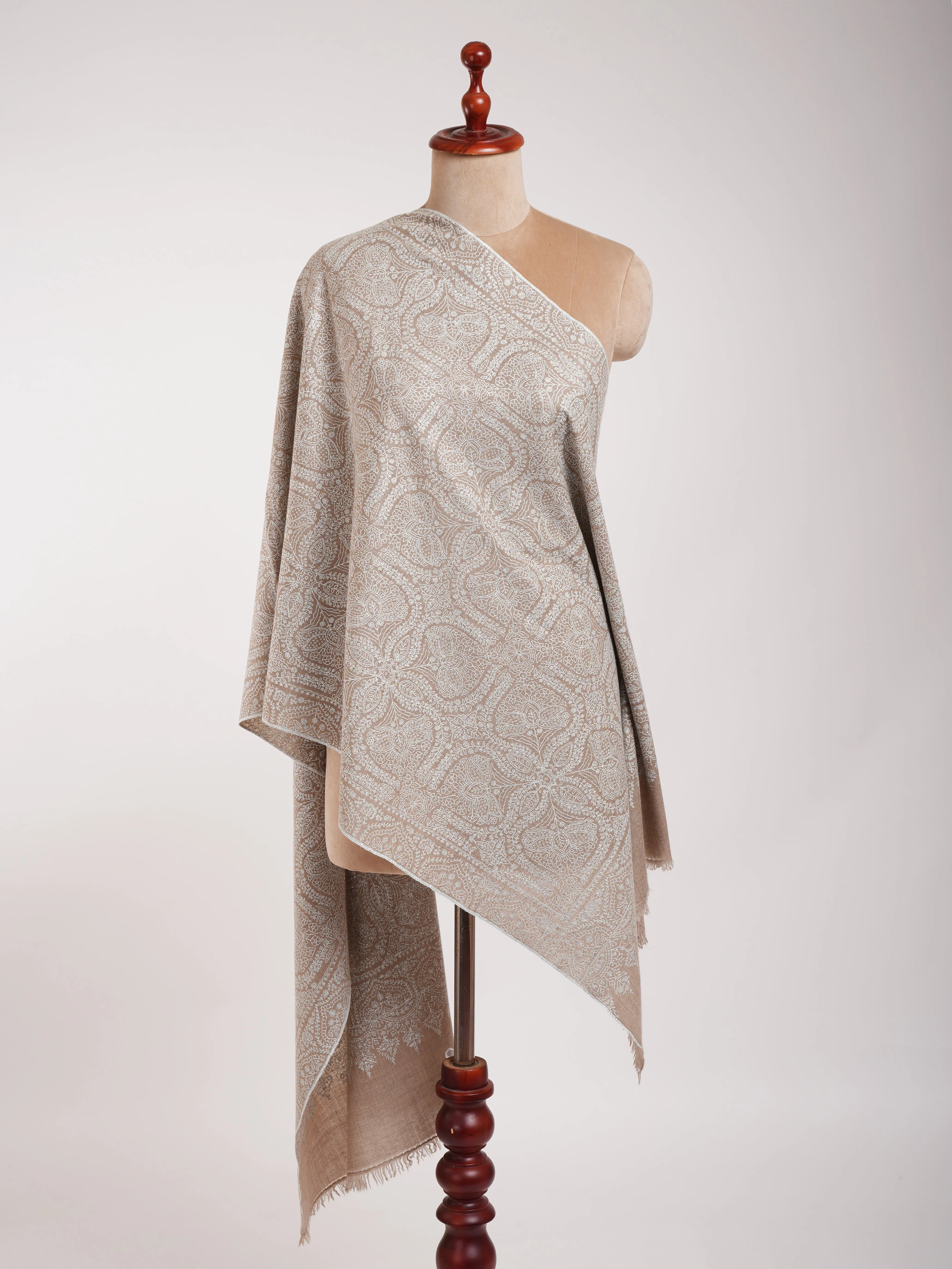 Grey Hand Embroidered Jamavar Pure Cashmere  Scarf