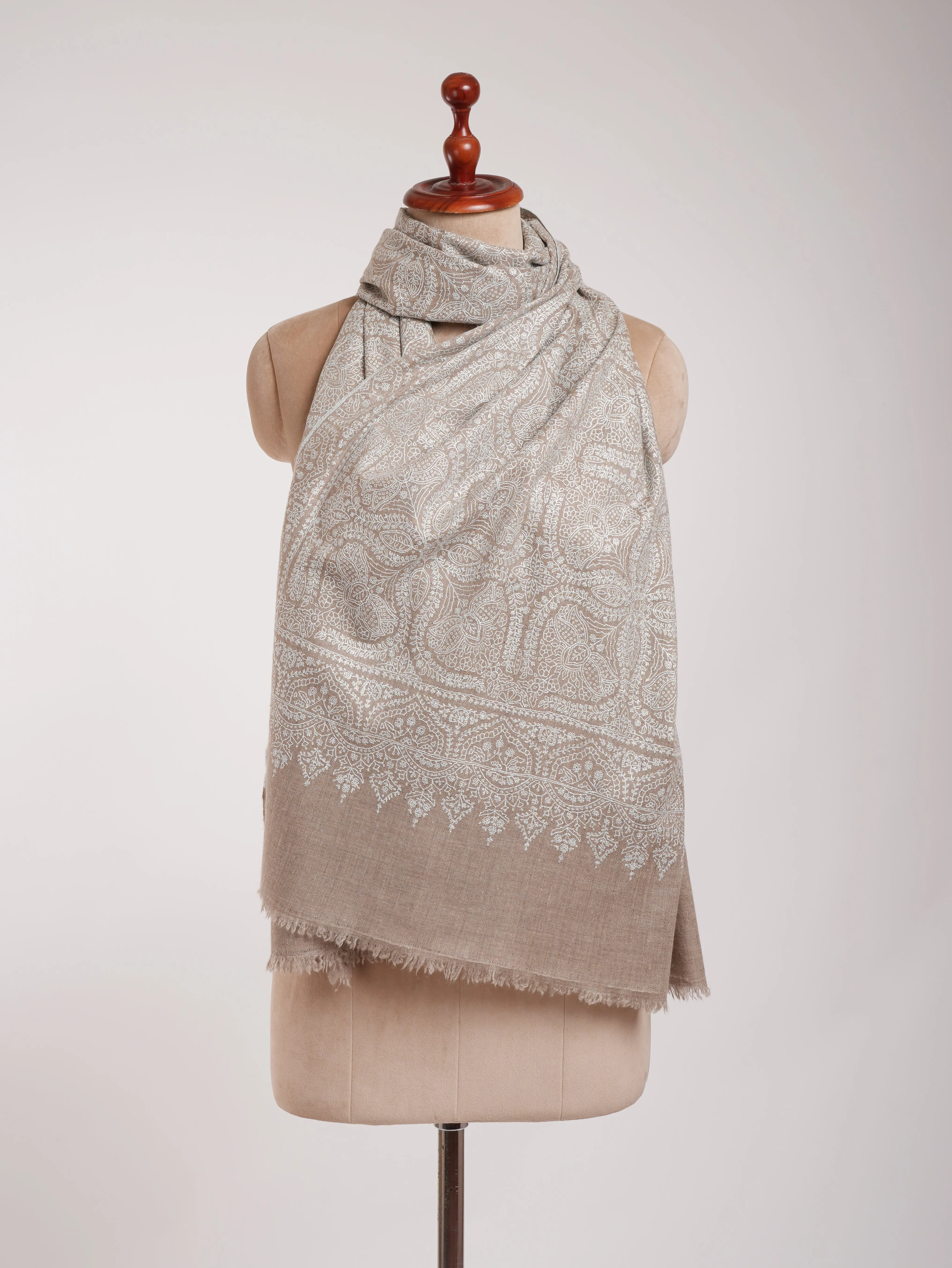 Grey Hand Embroidered Jamavar Pure Cashmere  Scarf