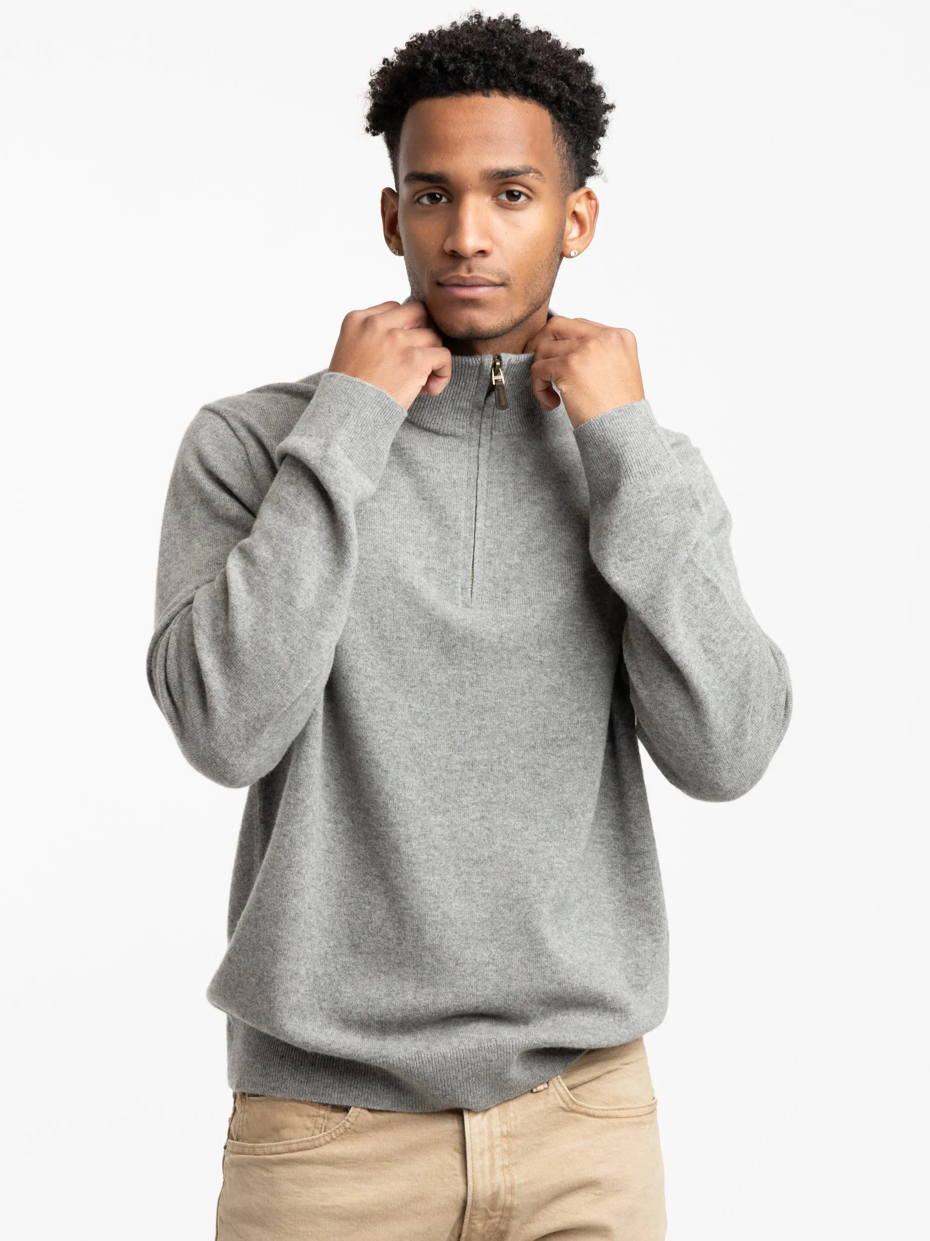 Heather Grey Wool Piqué Quarter-Zip Sweater