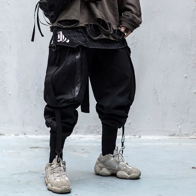 Hip Hop Cargo Pants Men Embroidery Joggers Trousers Elastic Waist Rock Ribbon Streetwear Pant Male Black WX004