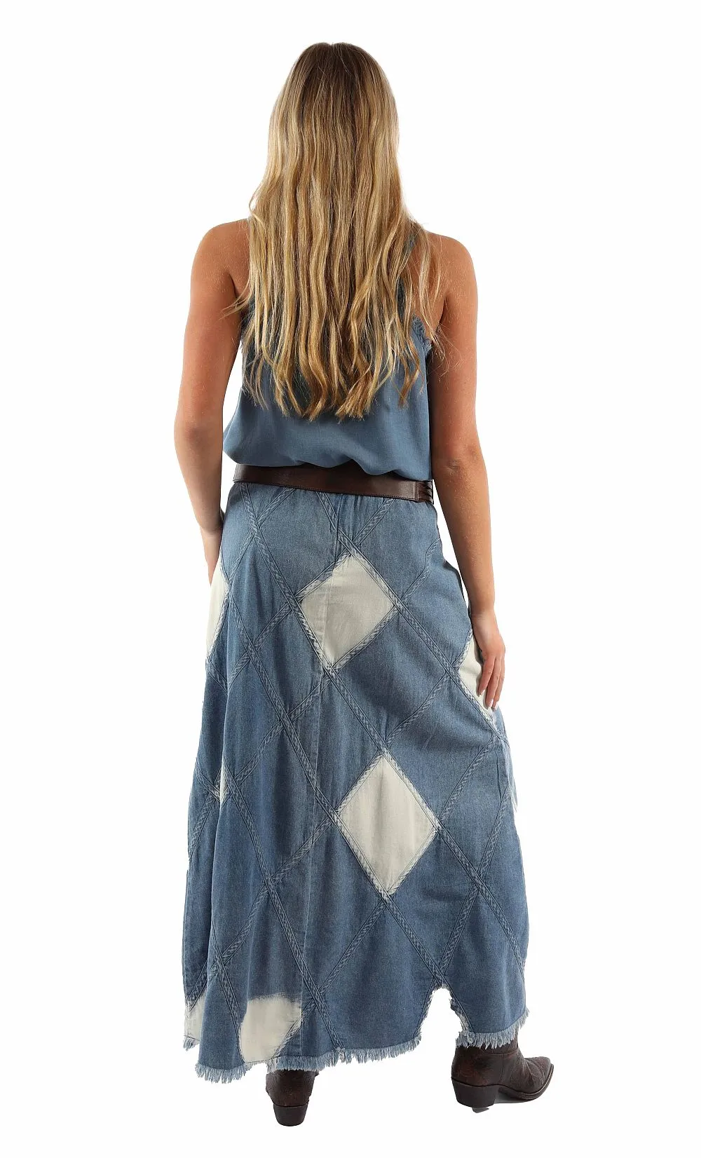 Honey creek blue long patch skirt acid wash