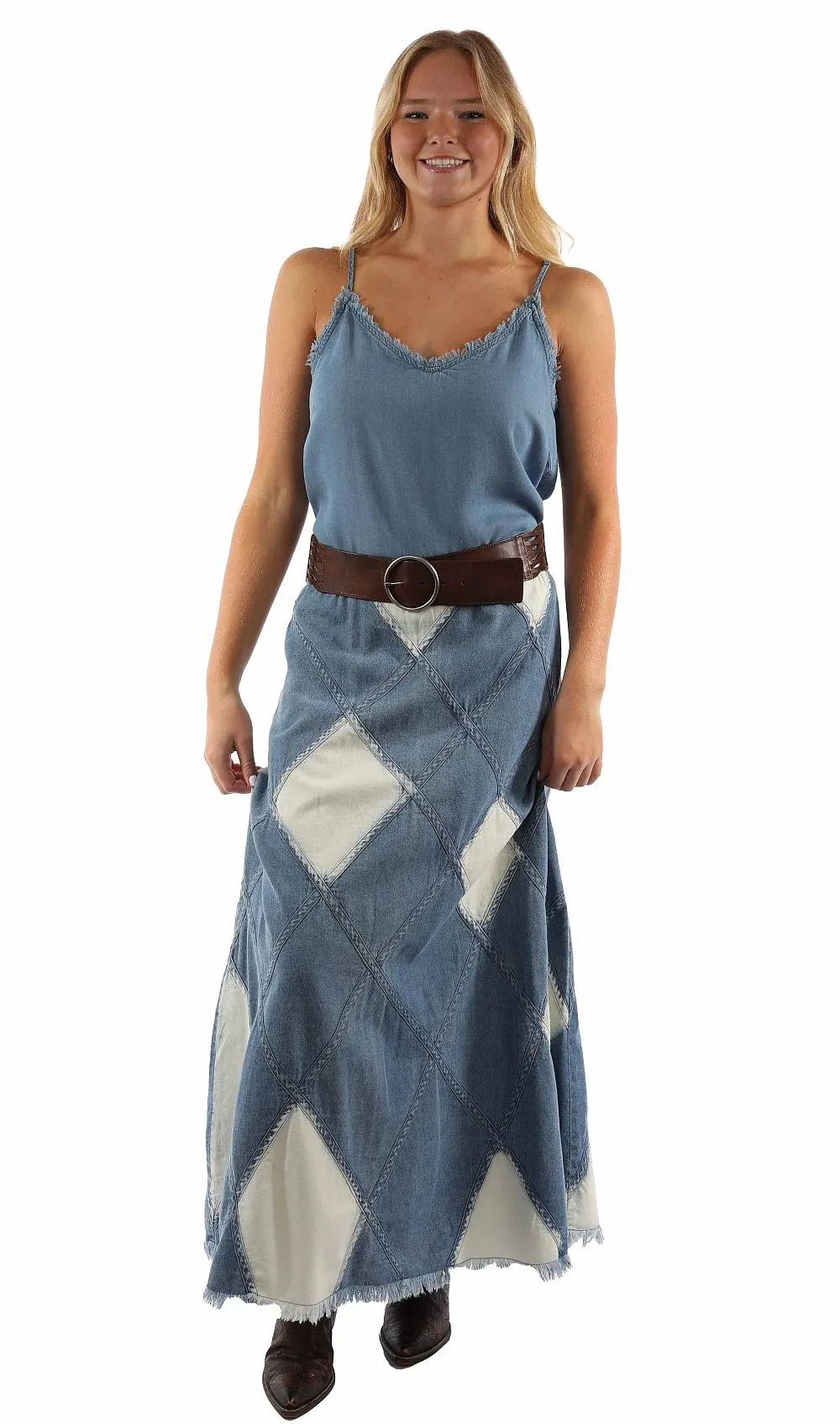 Honey creek blue long patch skirt acid wash