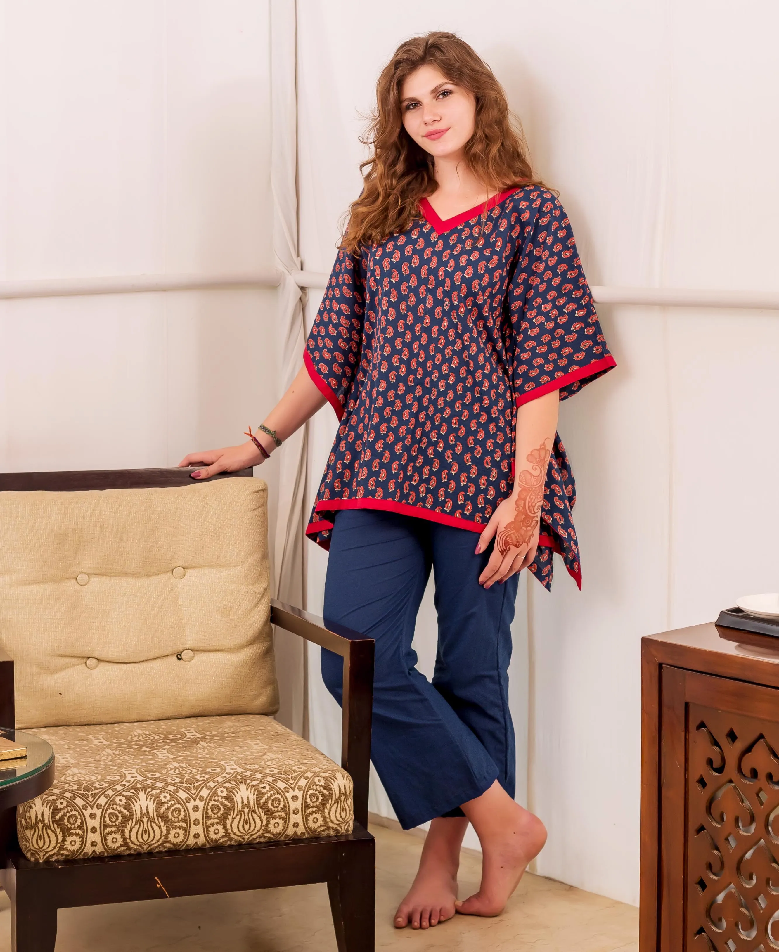 Indigo and Red Kaftan Top with Solid Cotton Pants