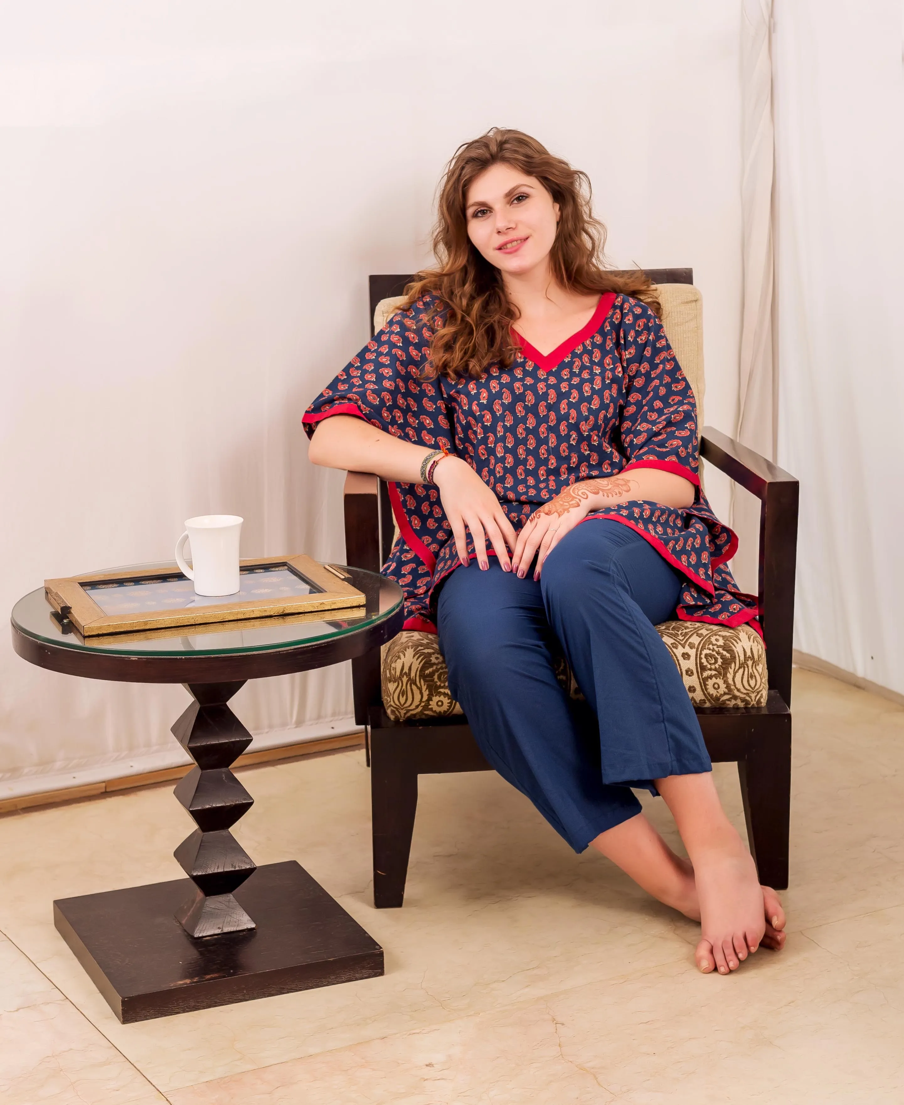 Indigo and Red Kaftan Top with Solid Cotton Pants