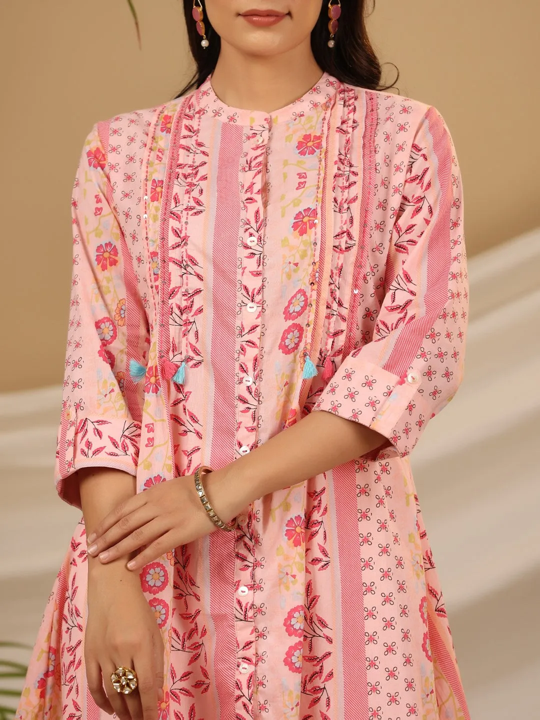 Jashvi Pink Floral Printed Cotton Cambric Kurta With Sequins Work