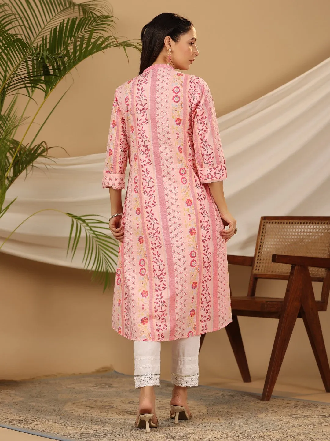 Jashvi Pink Floral Printed Cotton Cambric Kurta With Sequins Work