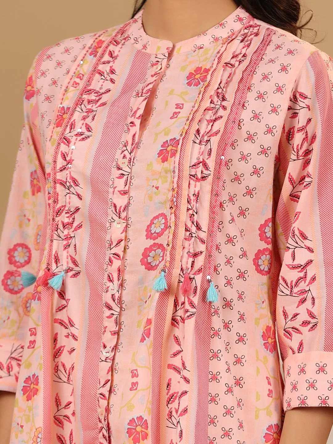 Jashvi Pink Floral Printed Cotton Cambric Kurta With Sequins Work