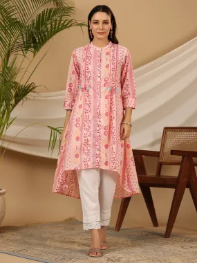 Jashvi Pink Floral Printed Cotton Cambric Kurta With Sequins Work