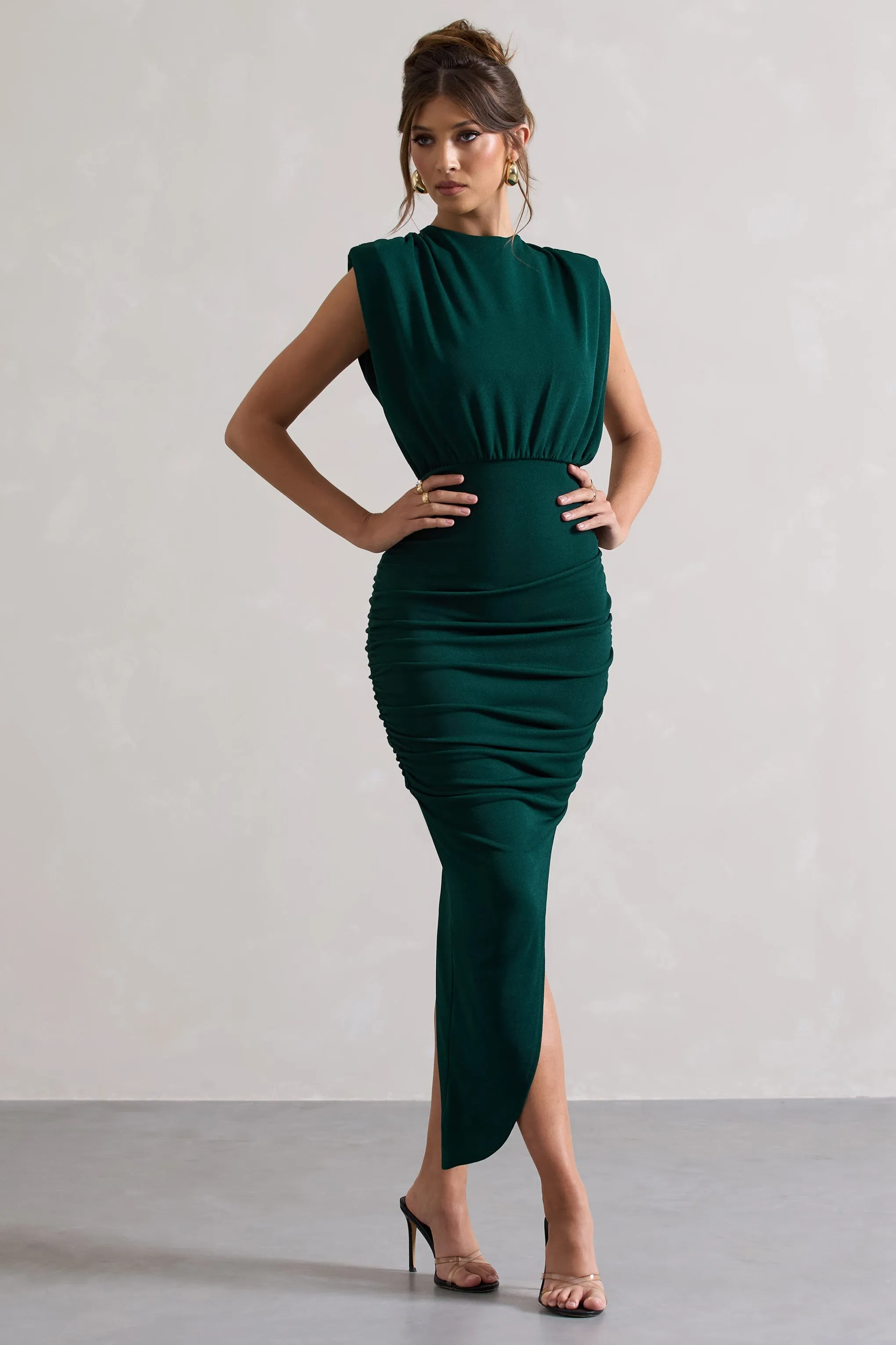 Jennifer | Bottle Green Sleeveless Maxi Dress With Asymmetric Hem