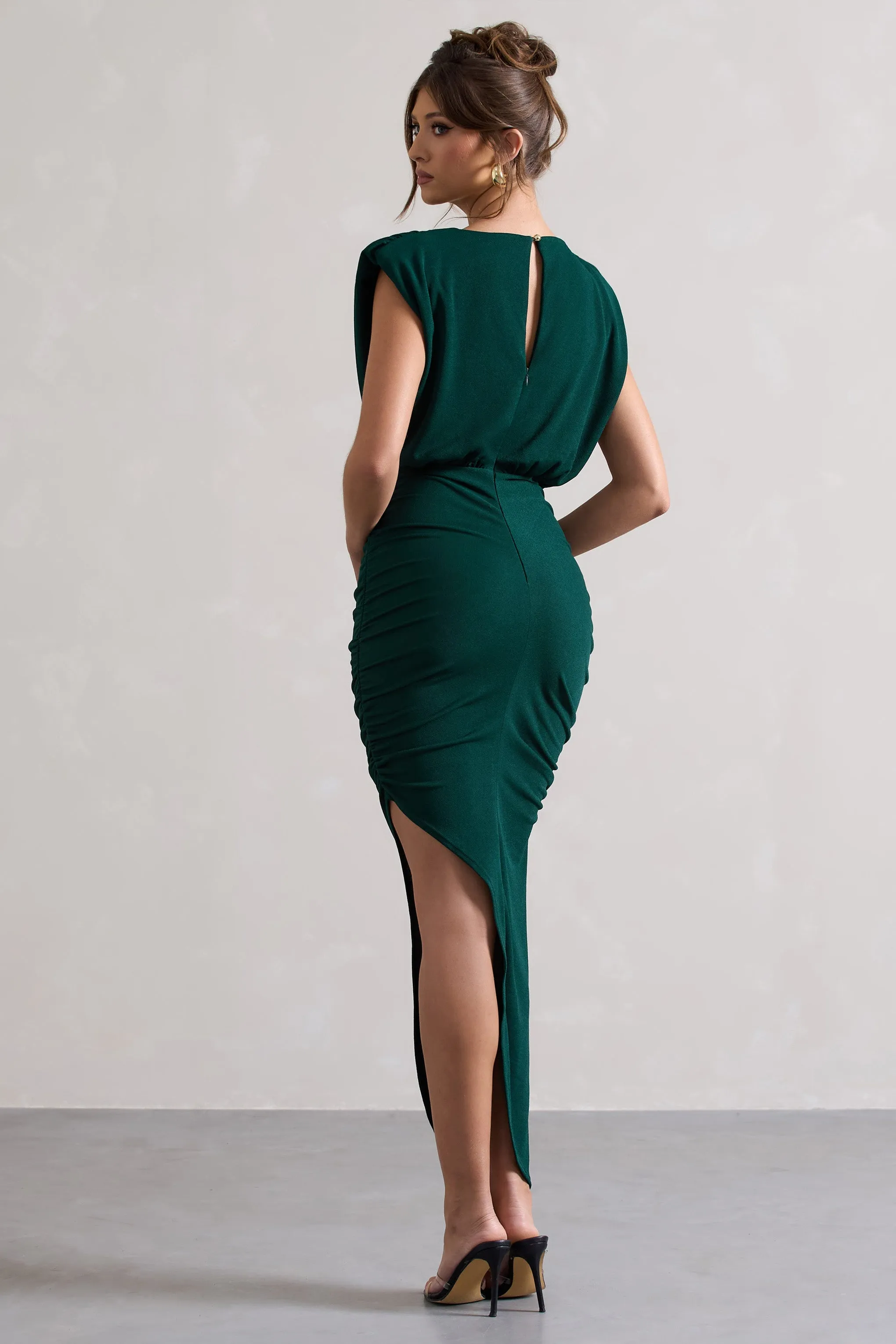 Jennifer | Bottle Green Sleeveless Maxi Dress With Asymmetric Hem