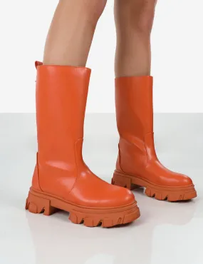 Jolie Orange Pu Knee High Chunky Sole Long Boots