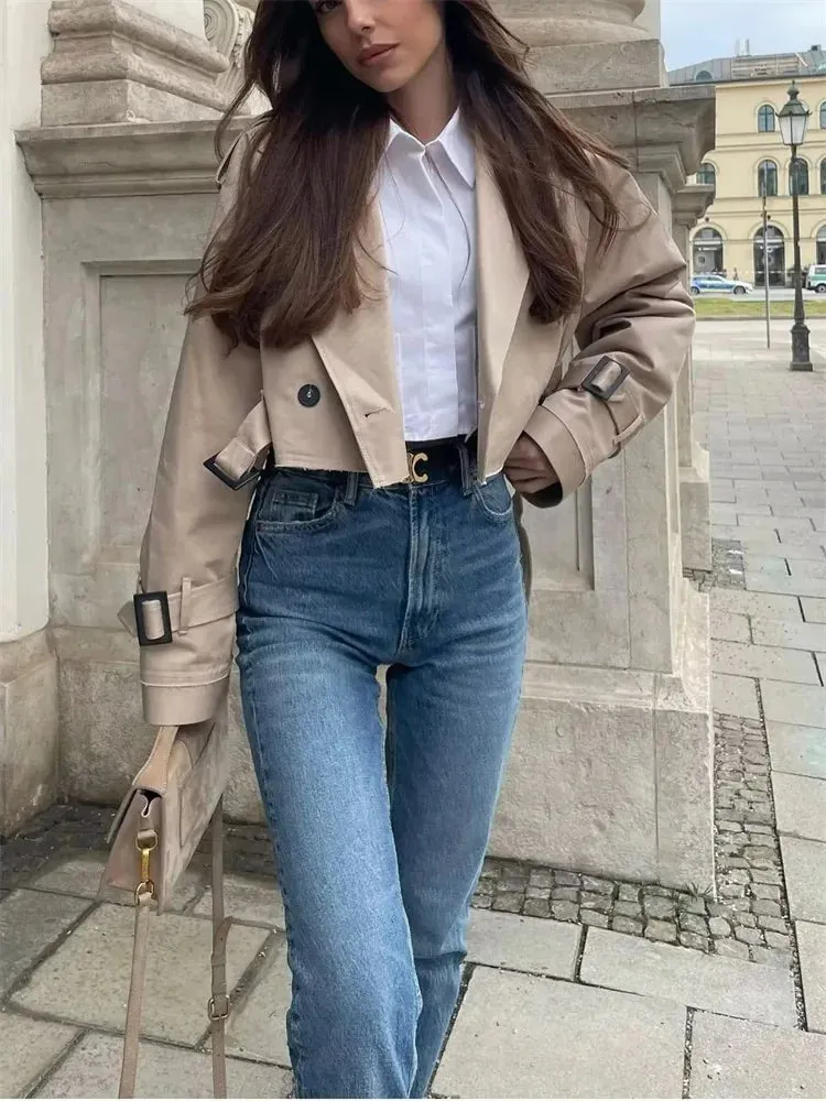 Khaki Loose Short Trench Coat - 2024 Spring Fashion Solid Crop Ladies High Street Oversized Outwear Jacket