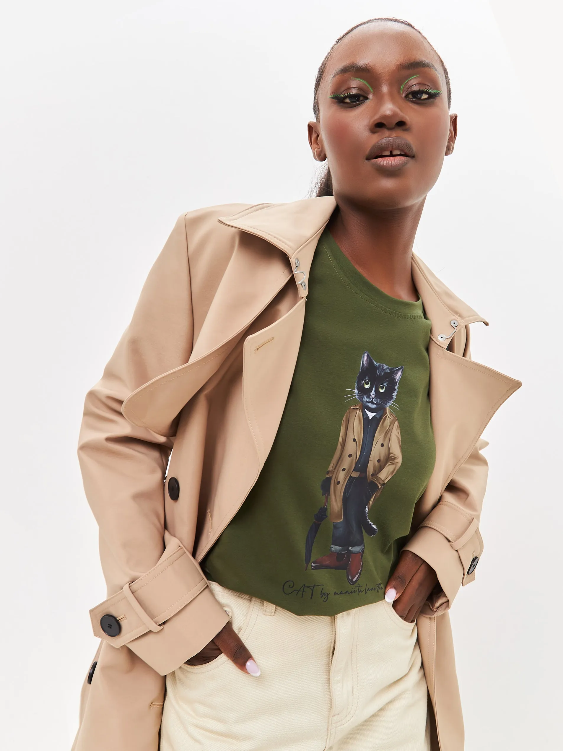 Khaki Printed T-shirt TRENCH COAT CAT