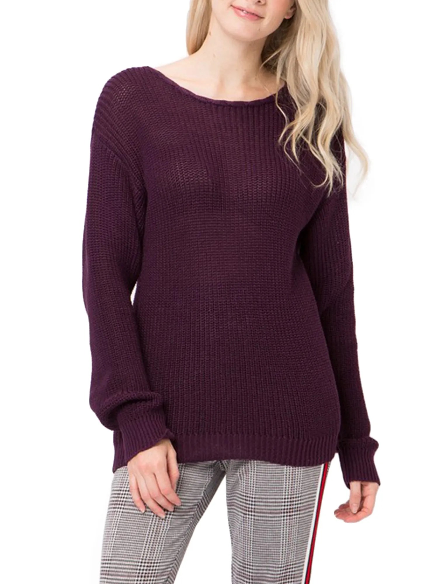 KOGMO Womens Casual Loose Fit Back Caged Sweater Knit