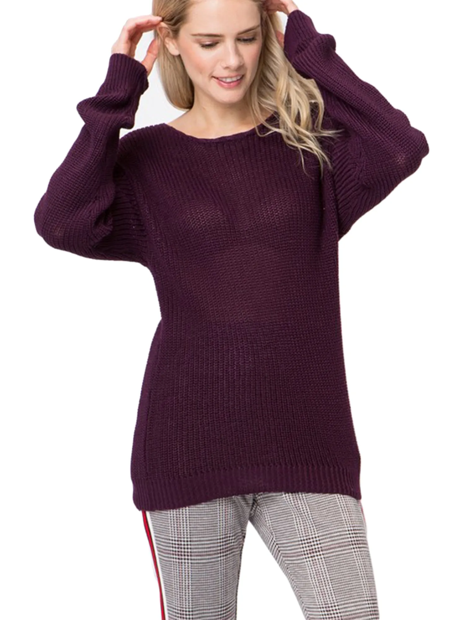 KOGMO Womens Casual Loose Fit Back Caged Sweater Knit