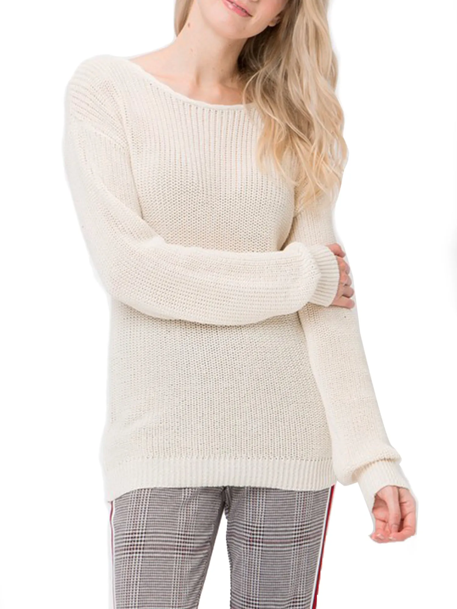 KOGMO Womens Casual Loose Fit Back Caged Sweater Knit