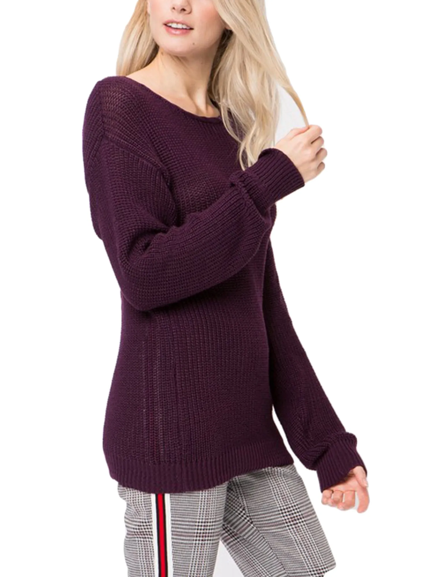 KOGMO Womens Casual Loose Fit Back Caged Sweater Knit