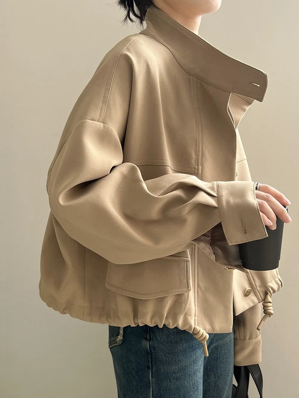 [Korean Style] High Quality Drawstring Standing Collar Jacket Crop Jacket