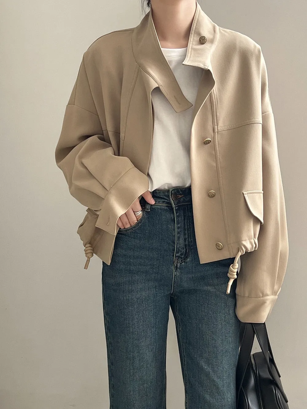 [Korean Style] High Quality Drawstring Standing Collar Jacket Crop Jacket