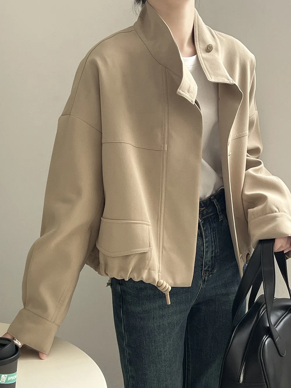 [Korean Style] High Quality Drawstring Standing Collar Jacket Crop Jacket